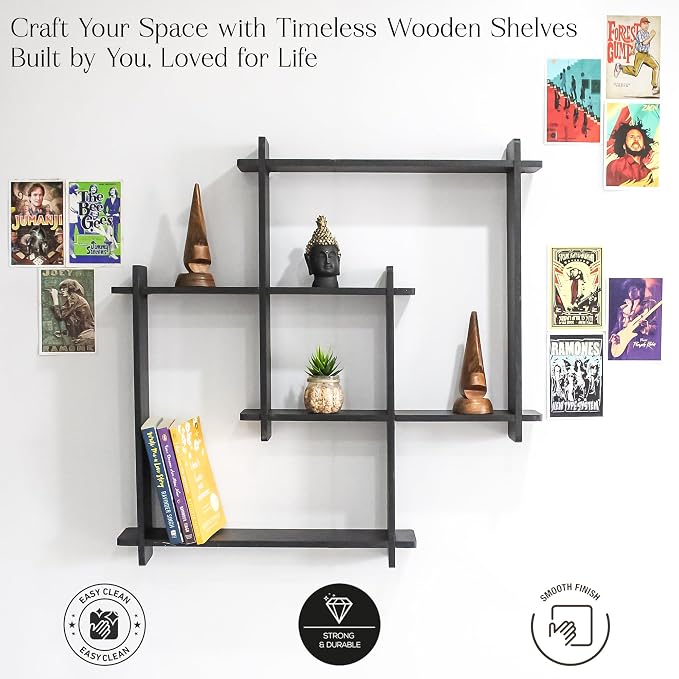 Modern Wall Mounted Zigzag Shelf Rack – Decorative Wooden Floating Display Unit for Living Room, Bedroom & Office Decor (Black)