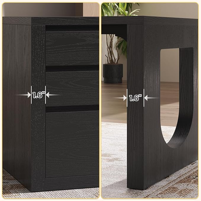 SEDETA 63" L Shaped Desk with 3 Drawers, Modern Executive Office Desk with File Drawer, Wood Corner Computer Desk with U-Shaped Legs & Relief Texture, Home Office Desk with Power Outlet, Black