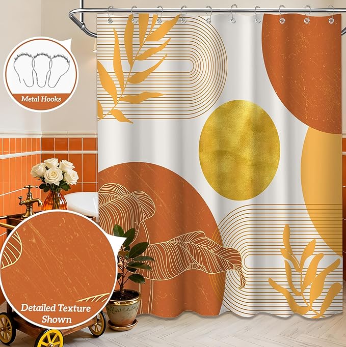 Orange and Gold Shower Curtain Burnt Orange White Shower Curtains for Bathroom Decor Boho Mid Century Bath Curtain Set, Waterproof Fabric with Hooks 60 x 72 Inch
