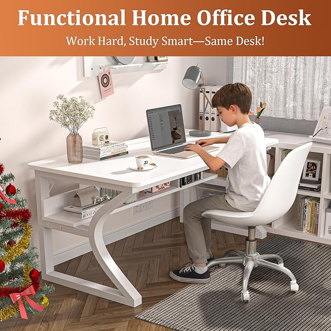 AZN Computer Desk, 55x24 in Computer Desk, Office Desk w/Storage & U-Size Metal Frame for Home Office Bedroom Gaming, Office Desk w/Water-Resistant, Scratchproof Surface, White