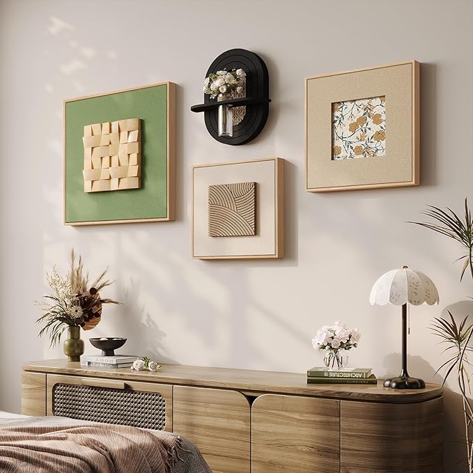 Large Framed 3D Wall Art for Living Room, 4 Piece Textured Wood Abstract Paintings Artwork for Walls, Minimalist Green Beige Geometric Pictures Wall Art Decor Set for Dining Room, Hallway, Office