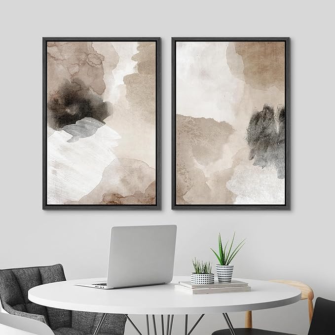 MUDECOR Framed Canvas Print Wall Art Watercolor Brown White Black Collage Abstract Shape Illustrations Modern Art Decorative Bohemian Colorful Chic for Living Room, Bedroom, Office - 24"x36"x2 Black