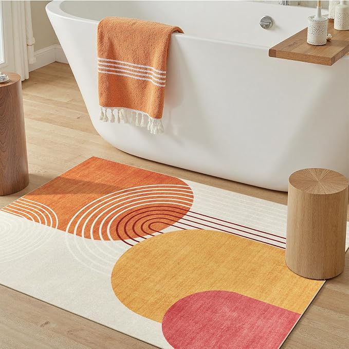 DCX Abstract Machine Washable 3x5 Rug, Mid Century Modern Rug for Living Room, Soft Low Pile Non Slip Carpet, Kid & Pet Friendly Stain Resistant Rug for Bedroom Dining Room Office, Orange & Yellow