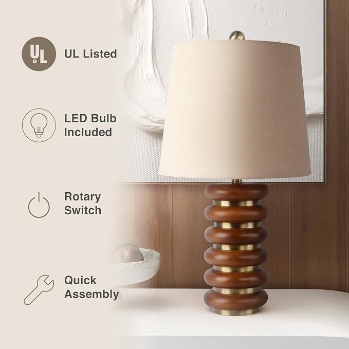 Abani Table Lamp Thalia Stacked Ring 21.5” – Mid-Century Modern Brown Wood Base with Wheat Linen Shade – E26 Bulb Included – Stylish Desk Lamp for Bedroom, Living Room, Dorm or Nightstand