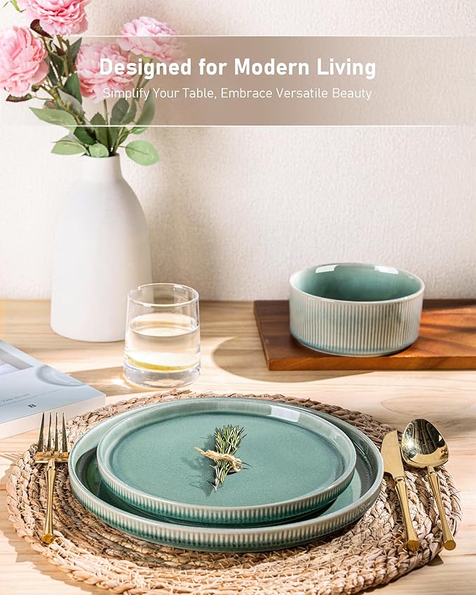 GBHOME 12-Piece Stoneware Dinnerware Set for 4 – Ribbed Ceramic Plates and Bowls, Scratch-Resistant, Microwave & Dishwasher Safe, Reactive Glaze, Malachite Green