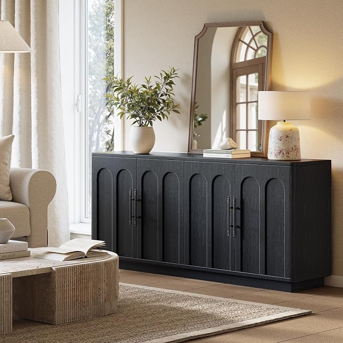 Evermagin 67" Arched Black Buffet Cabinet with Storage, Large Credenza with 4 Doors, Wood Mid Century Modern Sideboard for Kitchen and Living Room (67"*31.5"*15.7")