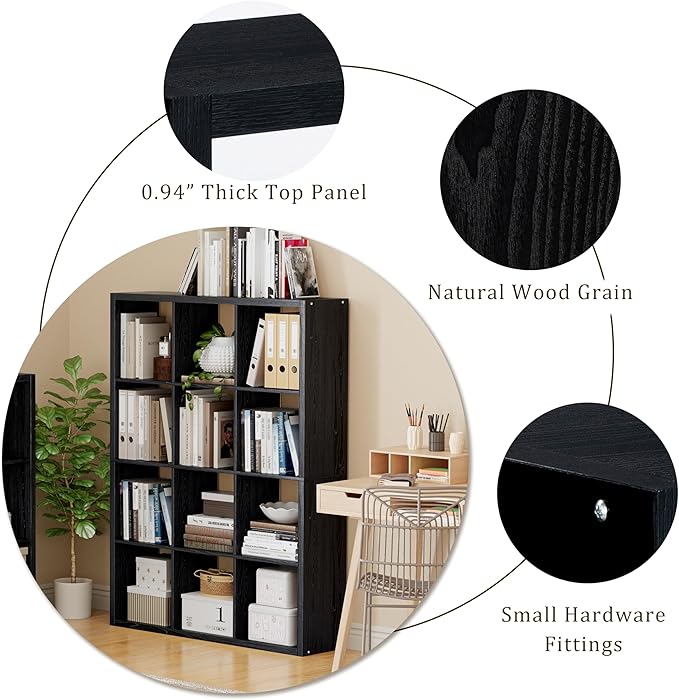 VDNEND Cube Storage Organizer Bookcase, Decorative 11 inch Open Back Cubical Shelf with Thickened Border, Display Bookshelf for Living Room, Home Office, Sturdy Room (Black, 12 Cube)