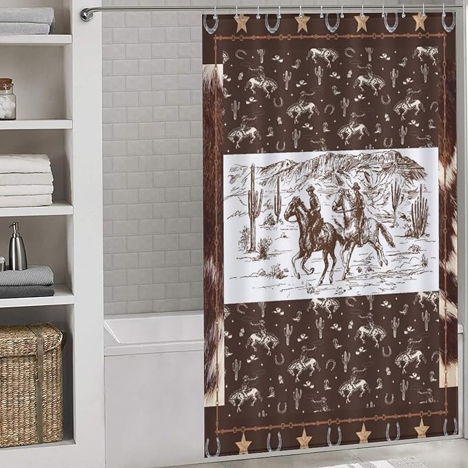 Western Horse Cowboy Shower Curtain for Boys Men Kids Teens Rustic Country Wild West Waterproof Shower Curtains for Bathroom Decor 12 Pack Hooks 55x72in（140x183cm）