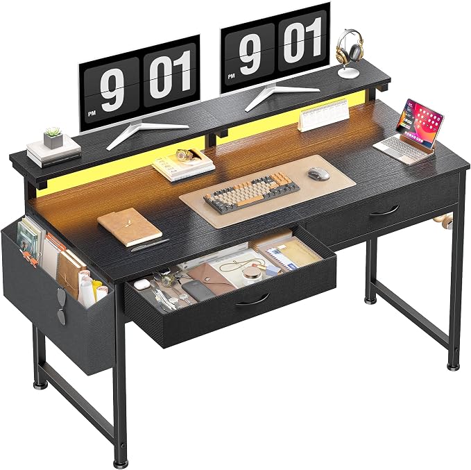 DurayLoly 47.3Inch Gaming Desk with LED Lights with 2 Drawers, Home Office Desk Computer Desk with Side Pocket & Ergonomic Monitor Stand, Small Space Study Writing Table with Anti-Tip Design,Black