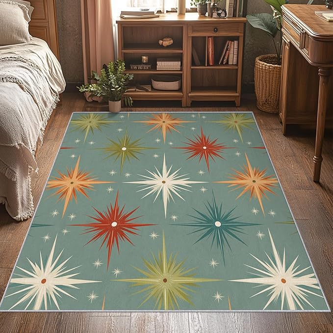 Mid Century Modern Rugs for Bedroom 3x5 ft, Starburst Area Rugs for Living Room, Washable Non Slip Low Pile Abstract Atomic Carpet, Home Decor PF-P 107