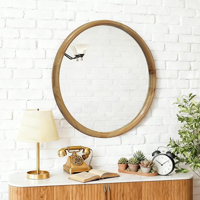 Round Wood Framed Wall Mirror 35.43" Natural Wooden Circle Mirror for Bathroom Bedroom Entryway Mid-Century Modern Decorative Mirror