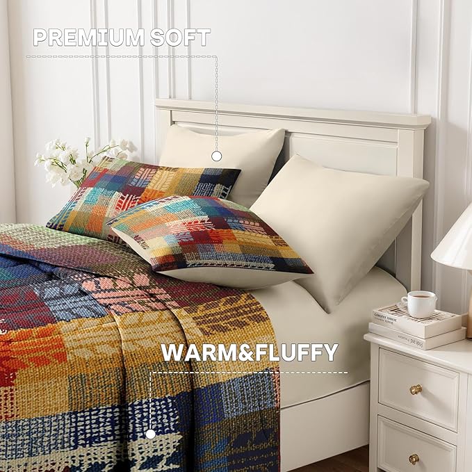 Nesker Comforter Set Twin Size, Boho Vintage Geometric 5 Pcs Bedding for Kids and Adults, Painting Colorful African Bed Sheet Sets with Fitted Sheet Pillowcase & Sham