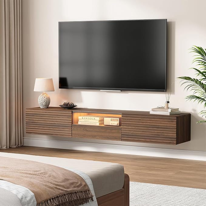 Maupvit 63" Floating TV Stand for TVs up to 75", Fluted Entertainment Center with Remote Control for LED Lights, Wall Mounted Shelf, Mid-Century Modern TV Console w/Glass Door for Living Room (Walnut)