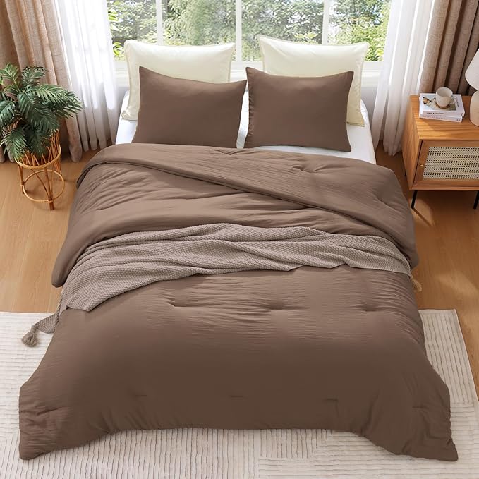 WRENSONGE Twin/Twin XL Comforter Set - 2 Pieces Brown Comforter Prewashed Soft Lightweight for All Seasons,Fluffy Down Alternative Twin XL Comforter with 1 Pillow Sham