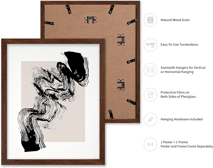 Poster Master Brush Waves Poster - Black Brush Wave Stroke Print - Abstract Design - Drawing Artwork - Mid Century Modern Art - Minimal Design - Living Room or Bedroom Wall Decor - 11x14 Brown Framed
