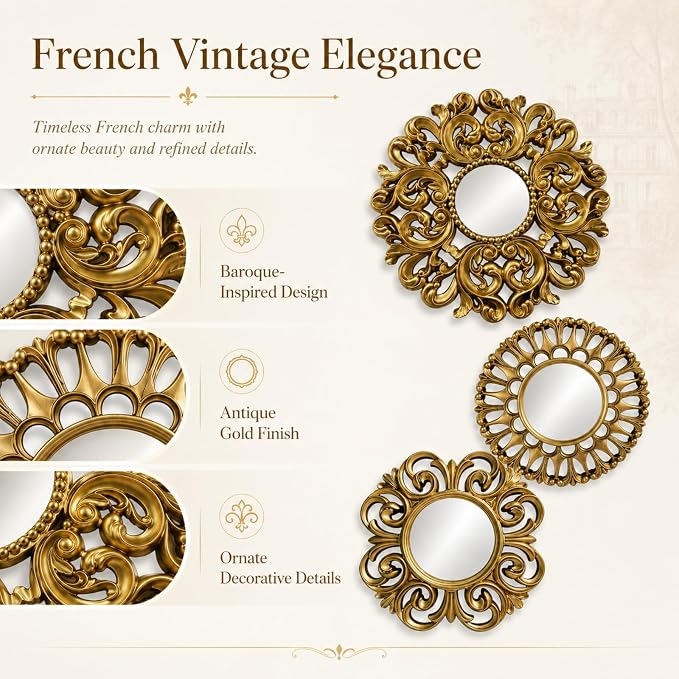 Mifoci Vintage French Wall Mirror Set of 3 Antique Decorative Gallery Wall Mirror Gold Hanging Antique Art Decor Ornate Baroque Style for Living Room Bedroom Home Decor(Round)
