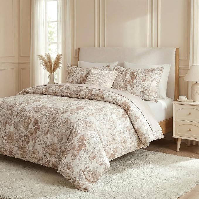 Khaki Floral Duvet Cover King Size 100% Cotton Vintage Botanical Duvet Cover Set 3 Pcs Soft Flower Bedding Set Breathable and Lightweight