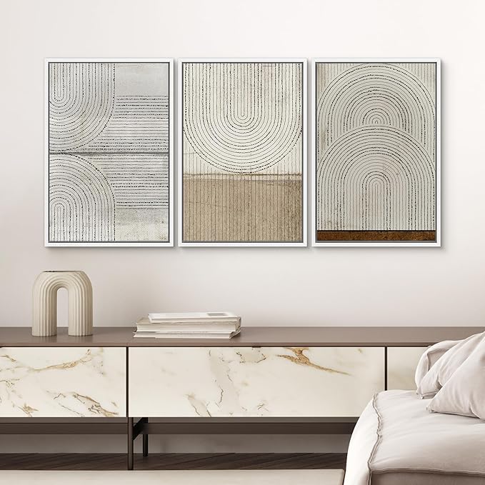 SIGNWIN Framed Canvas Print Wall Art Set Grunge Circle Polygon Collage Abstract Geometric Cozy Neutral Minimalism Modern Art Decorative Boho for Living Room, Bedroom, Office - 24"x36"x3 White