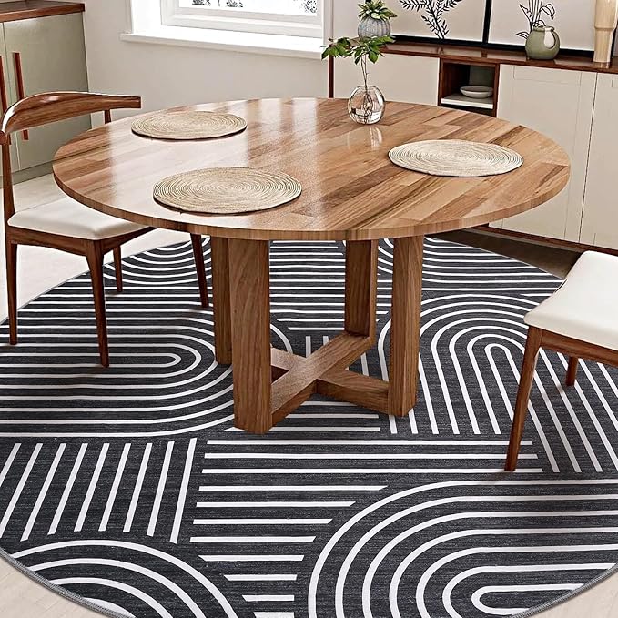 Washable Rug 4ft Area Rugs for Living Room, Abstract Rug for Bedroom, Soft Rainbow Non Slip Throw Rugs with Rubber Back, Low Pile Stain Resistant Boho Geometric Carpet for Dining Room,Black