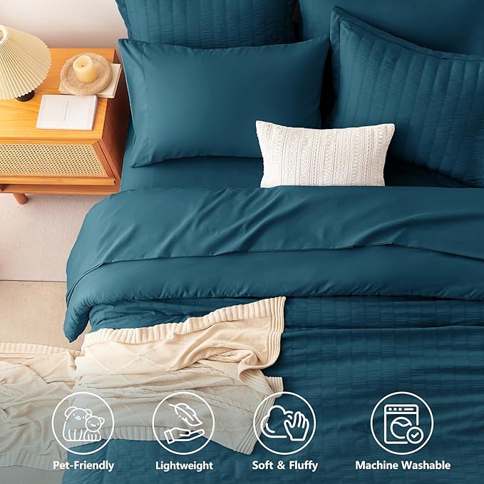 CozyLux Queen Comforter Set Lyons Blue, 7 Pieces Seersucker Textured Luxury Bed in a Bag Queen, All Seasons Soft Bedding Sets with Down Alternative Comforter, Sheets, Pillowcases & Shams, Home Gift