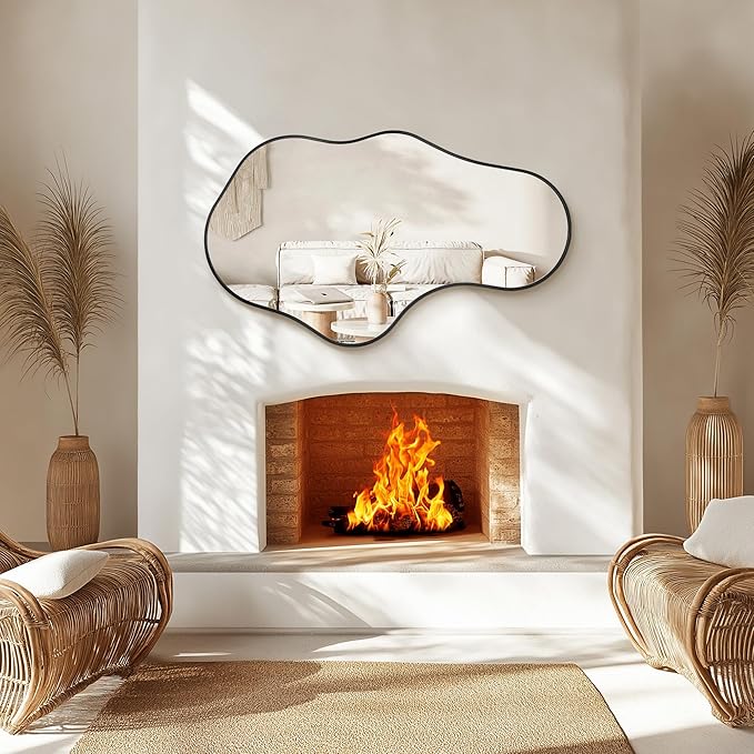 Irregular Wall Mirror, 26"x43" Black Abstract Asymmetrical Mirrors for Wall, Decorative Cloud Aesthetic Mirror for Bathroom, Bedroom, Cloakroom, Entryway, Shatter-Proof Aluminum Alloy Frame