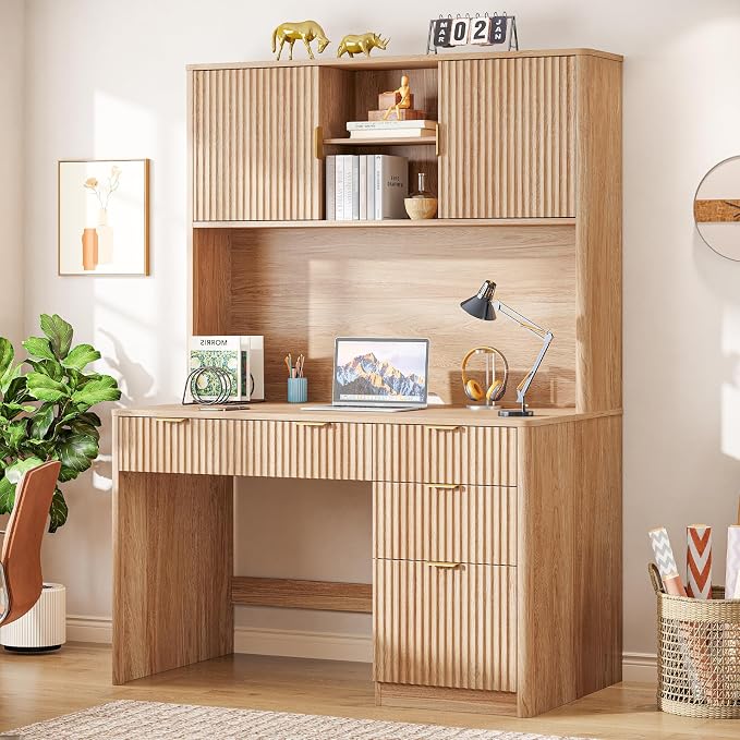 Vabches 67" H Executive Desk with Fluted Drawers,4 Drawers Fluted Computer Desk,Wood Workstation with Hutch and Barn Doors for Work and Study,Oak