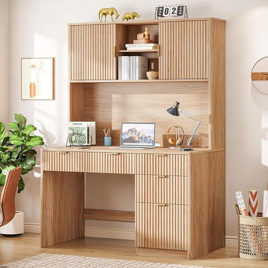Vabches 67" H Executive Desk with Fluted Drawers,4 Drawers Fluted Computer Desk,Wood Workstation with Hutch and Barn Doors for Work and Study,Oak