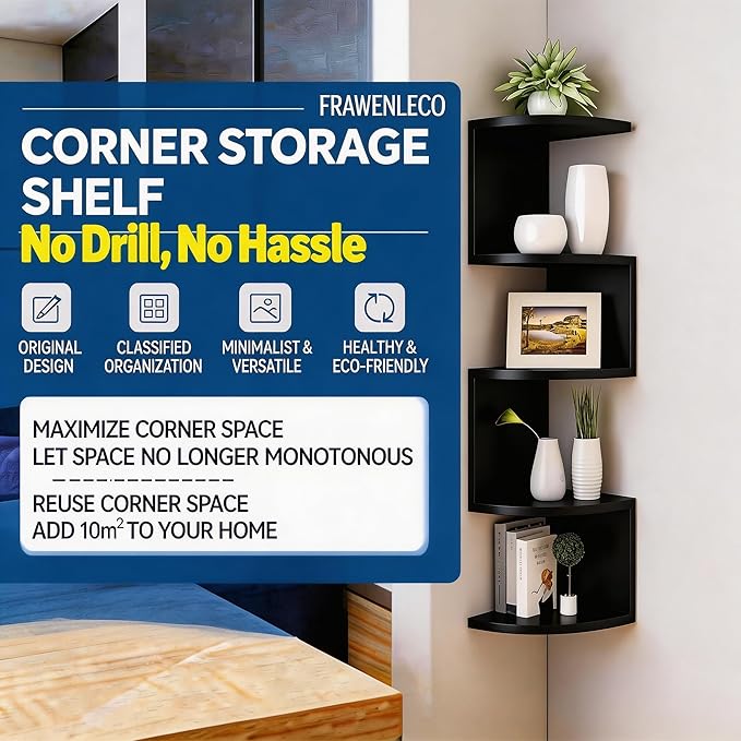 No-Drill Corner Shelf Wall Mount, 5-Tier Floating Corner Bookshelf with Hooks, Space-Saving Zigzag Plant Shelf for Bedroom, Living Room, Bathroom, Home Office（Black）