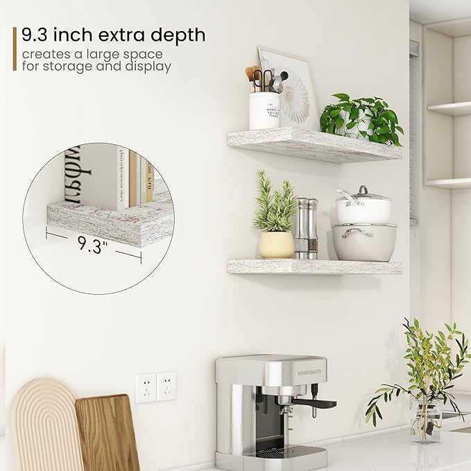 Fun Memories Deep Floating Shelves - 24" W x 9.3" D x 1.6" H Rustic Black Wall Shelf - Wall Mounted Shelves for Storage - Wooden Shelves with Invisible Brackets for Living Room, Farmhouse - Set of 2
