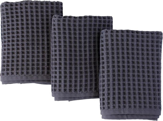 PÜSKÜL Natural 100% Turkish Cotton Waffle Kitchen Towels Set of 3 | Oeko-Tex, Premium Waffle Hand Towels for Bathroom | Soft Absorbent Quick-Dry Lint-Free Dish Towel Large 32x16 inch (3, Dark Gray)