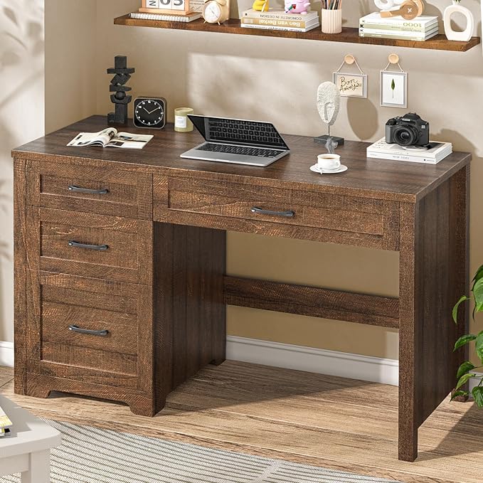 Vabches Farmhouse 47" Executive Desk with File Drawer, Wood Computer Desk with 3 Storage Drawers, Workstation for Home Office, Writing, Study,Red-Brown.