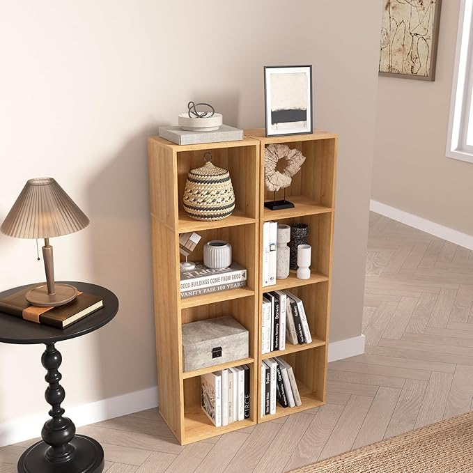 4-Tier Wooden Cube Storage Organizer, 42 Inch Tall Bookcase & Display Shelf with 4 Open Cubes, Freestanding DIY Closet Shelving Unit for Living Room Bedroom Office (Oak, 4 Cube-W(11.8inch)