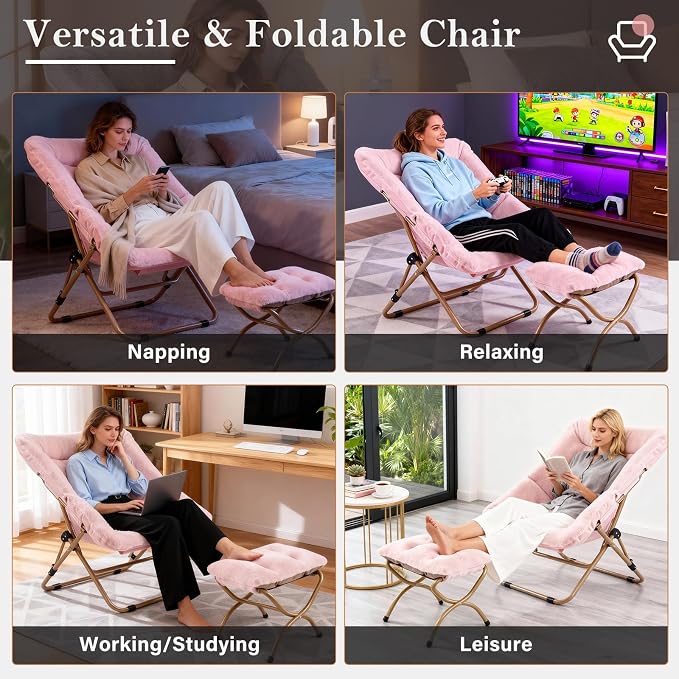 Furlide Dorm Chair with Ottoman, X-Large Soft Saucer Chair, Oversized Folding Faux Fur Accent Chair, Foldable Metal Frame Chair for Bedroom, Living Room (Pink)