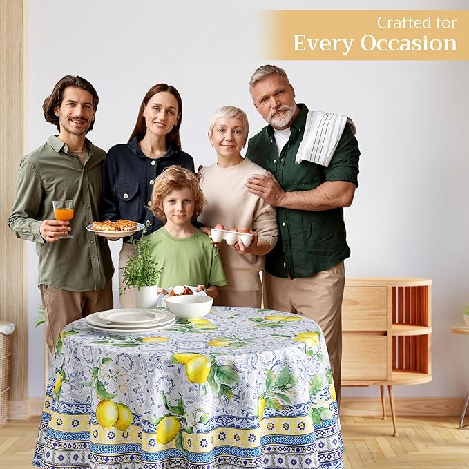 Maison d' Hermine Table Cloth Round Table 100% Cotton 63 Round Inches Tablecloth Reusable Decorative for Dining Room Farmhouse Home Valentines Day Decorations Spring Summer - Citrus