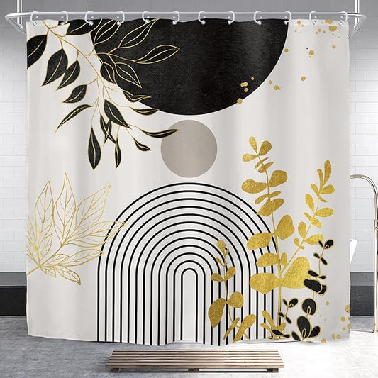 Riyidecor Black Gold Mid Century Modern Shower Curtain for Bathroom Decor 72Wx72H Boho Abstract Gold Leaves Minimalist Geometric Arch Sun Art Printed Fabric Polyester Waterproof 12 Pack Plastic Hooks