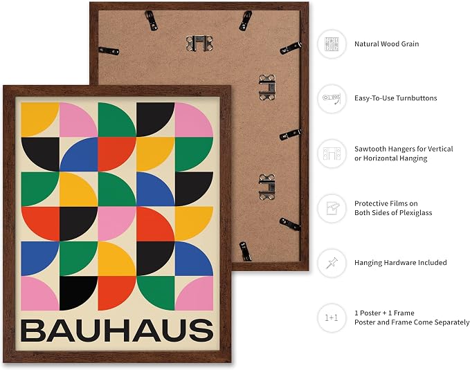 Poster Master Bauhaus Poster - Triangles Print - Geometric ART - Abstract ART - Graphic Design Style - Chic Boho - Mid Century Modern - Living Room or Bedroom Decor - 8x10 Brown Framed