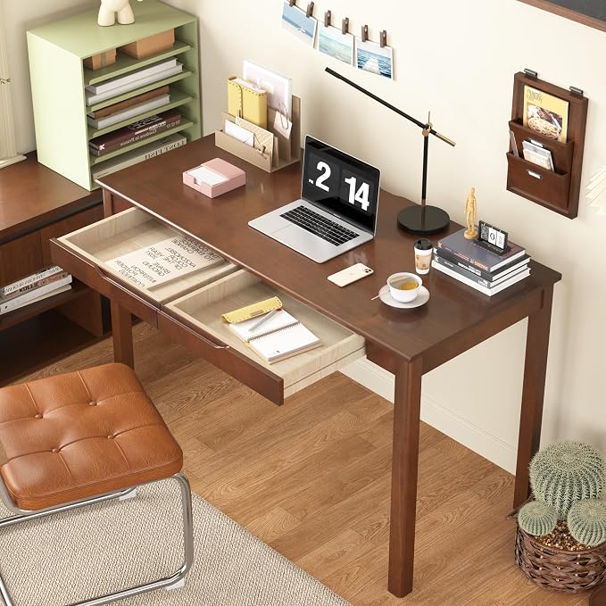 Solid Wood Desk with Drawers - 47 x 22 Inch Vintage Desks, Mid Century Modern Desks, Rubber Wood Study Table, Writing Desk with Drawers for Bedroom|Any Spaces - Walnut Color