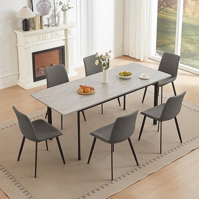 63"- 78.7" Extendable Dining Table Set for 6, Modern Kitchen Table with 6 Dining Chairs for 4-6 Person, Thickened Expandable Wooden Table with Metal Legs for Dining Room, Kitchen