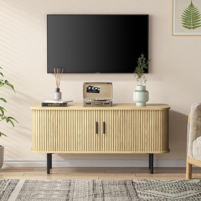 47''W Storage Cabinet, Fluted Sideboard Buffet Cabinet with Storage, Console Table Credenza with Tambour Slatted Sliding Doors and Shelves, TV Stand for Living Room, Kitchen, Entryway, Natural