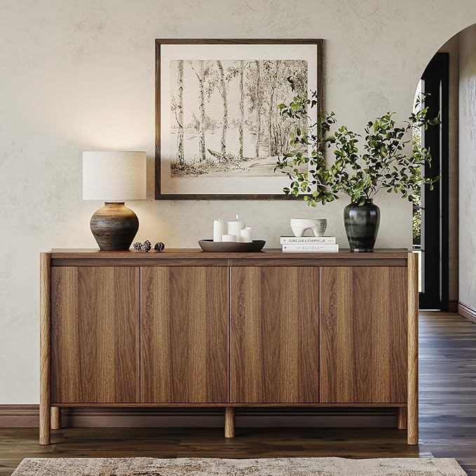 CHUWELL Walnut Sideboard Buffet Cabinet - 59" Mid Century Buffet Storage Cabinet with 4 Doors, Adjustable Shelves, and 4 Solid Wood Round Legs- Coffee Bar Table for Kitchen