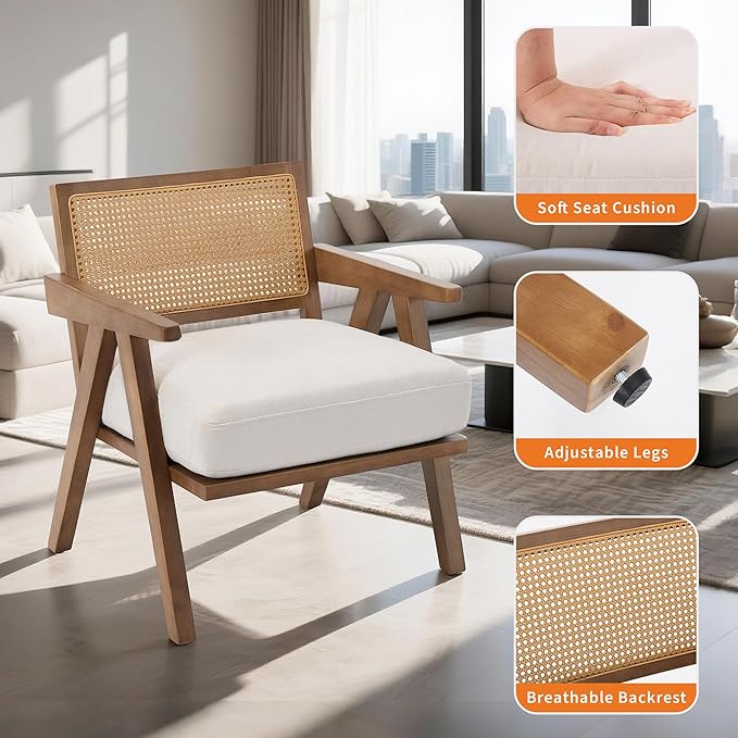Accent Chair Mid Century Modern, Comfy Living Room Chairs with Sturdy Wood Legs, Rattan Backrest & Beige Thick Linen Cushion, Armchair for Bedroom Balcony Apartment, Beige