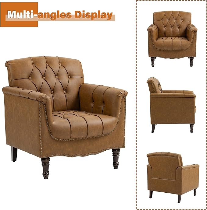 Faux Leather Club Chairs Set of 2, Retro Upholstered Armchair Accent Chair with Solid Wood Legs & Nailhead Trim for Living Room/Reading Room, Camel