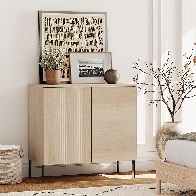 WAMPAT 31.5" Sideboard Buffet Cabinet with 2 Doors and Adjustable Shelves, Fluted Storage Cabinet, Modern Credenza Coffee Bar Wine Bar Table for Kitchen, Dining Room, Living Room,Beige