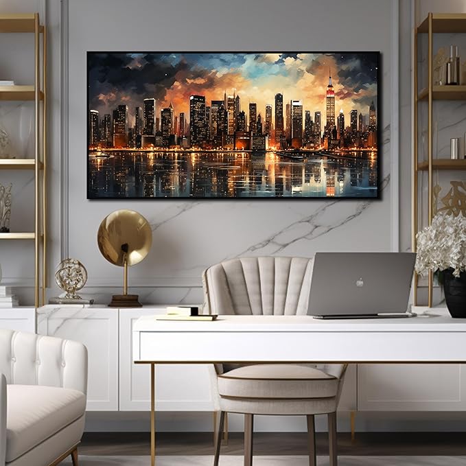 New York Skyline Wall Art for Living Room Modern City Wall Decor for Office Black Framed Wall Art 29 x 58 Inch