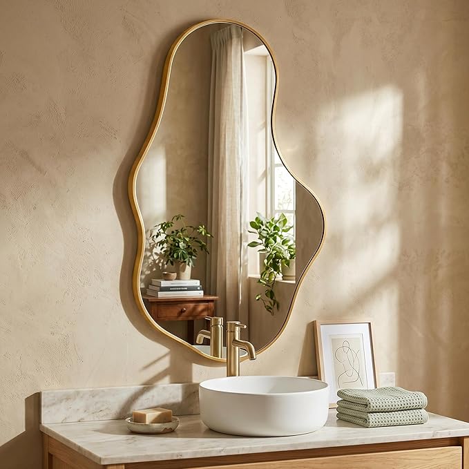 Irregular Wall Mirror, 24"x40" Gold Abstract Asymmetrical Mirrors for Wall, Decorative Cloud Aesthetic Mirror for Bathroom, Bedroom, Cloakroom, Entryway, Shatter-Proof Aluminum Alloy Frame