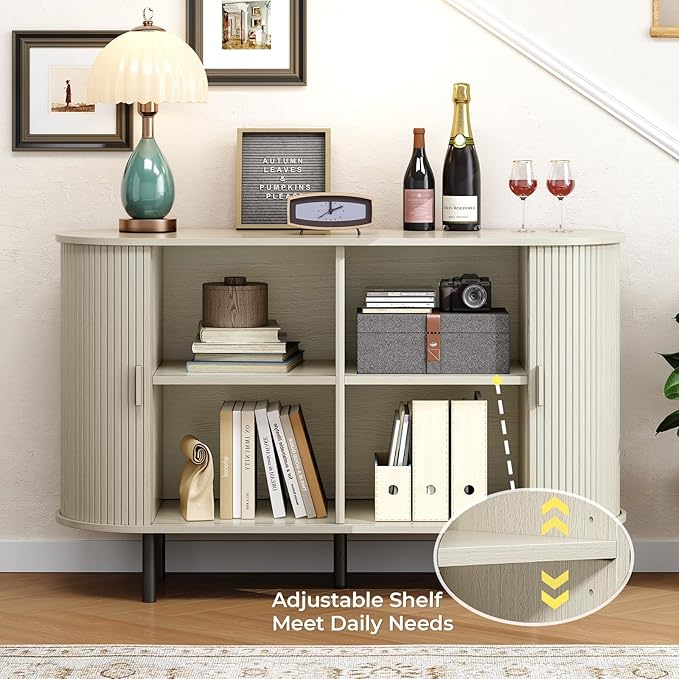 Buffet Cabinet with Storage, Fluted Sideboard Buffet with Sliding Door, Coffee Bar Cabinet with Adjustable Shelf, Console Table, Accent Table for Entryway, Kitchen (Natural White, 48 Inch)