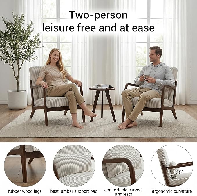 Mid Century Modern Accent Chairs Set of 2, Upholstered Corduroy Armchairs with Lumbar Pillows, Solid Rubberwood Frame for Living Room, Bedroom, Waiting Room, White
