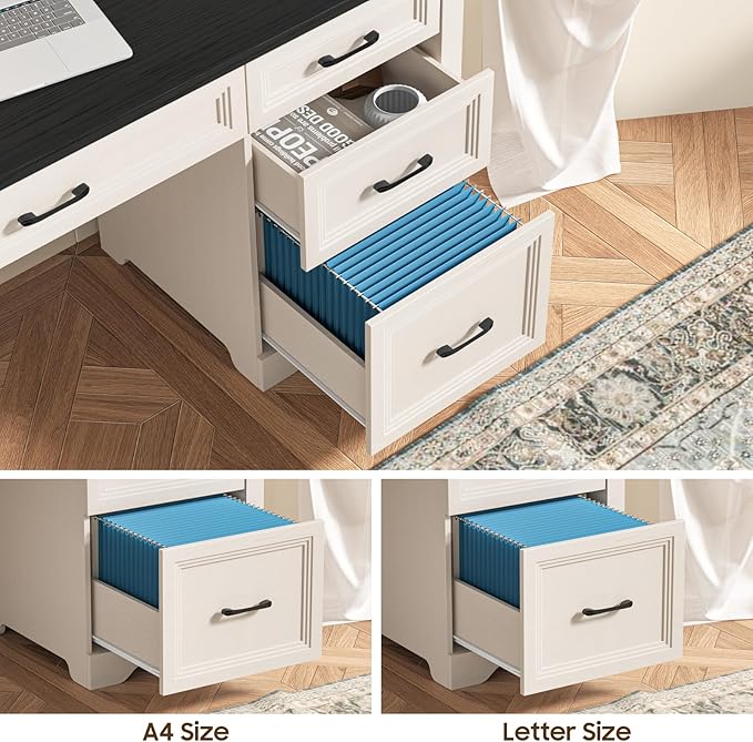 Vabches Farmhouse Executive Desk with 4 Drawers and Storage Cabinet, Rustic Large Home Writing Desk with Hutch, Workstation for Bedroom, Black.
