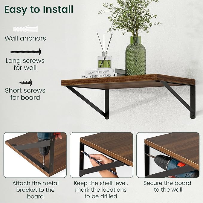 Floating Shelves, 12 Inch Deep Rustic Wood Wall Storage, 36W x 12D Wall Shelves Set of 2, Heavy Duty Metal Brackets, Large Industrial Book Shelf for Living Room, Kitchen, Bedroom, Walnut
