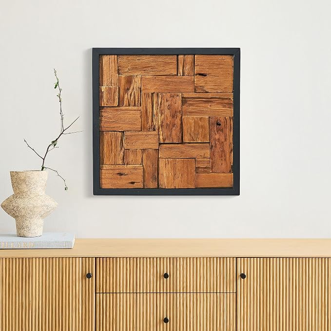 Warmaxx Rustic Teak Wood Framed Wall Decor 17''x17 Farmhouse Wall Art Aesthetic Christmas Decoration Home Living Room Bedroom Office Handmade Square Wooden Geometric Block Slatted Collage